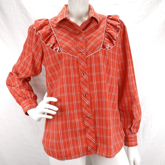 Vintage Tops - Vintage Red Plaid Western Shirt Ruffled Size 36